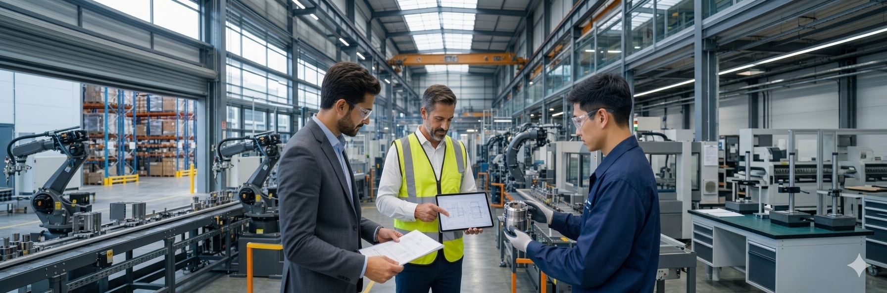 Equipo técnico revisando especificaciones en planta industrial
